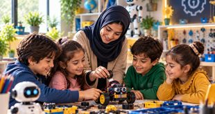مربی رباتیک کودک در کلاس آموزش رباتیک