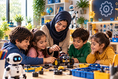 مربی رباتیک کودک در کلاس آموزش رباتیک