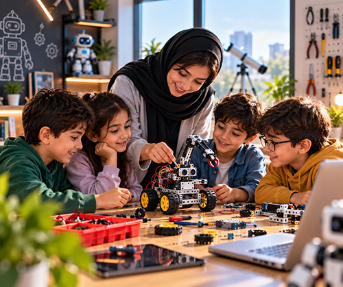 مربی رباتیک در حال آموزش رباتیک به کودکان
